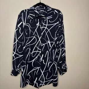Investments Woman 1X Black White Abstract Button Down Tunic Blouse Office Chic